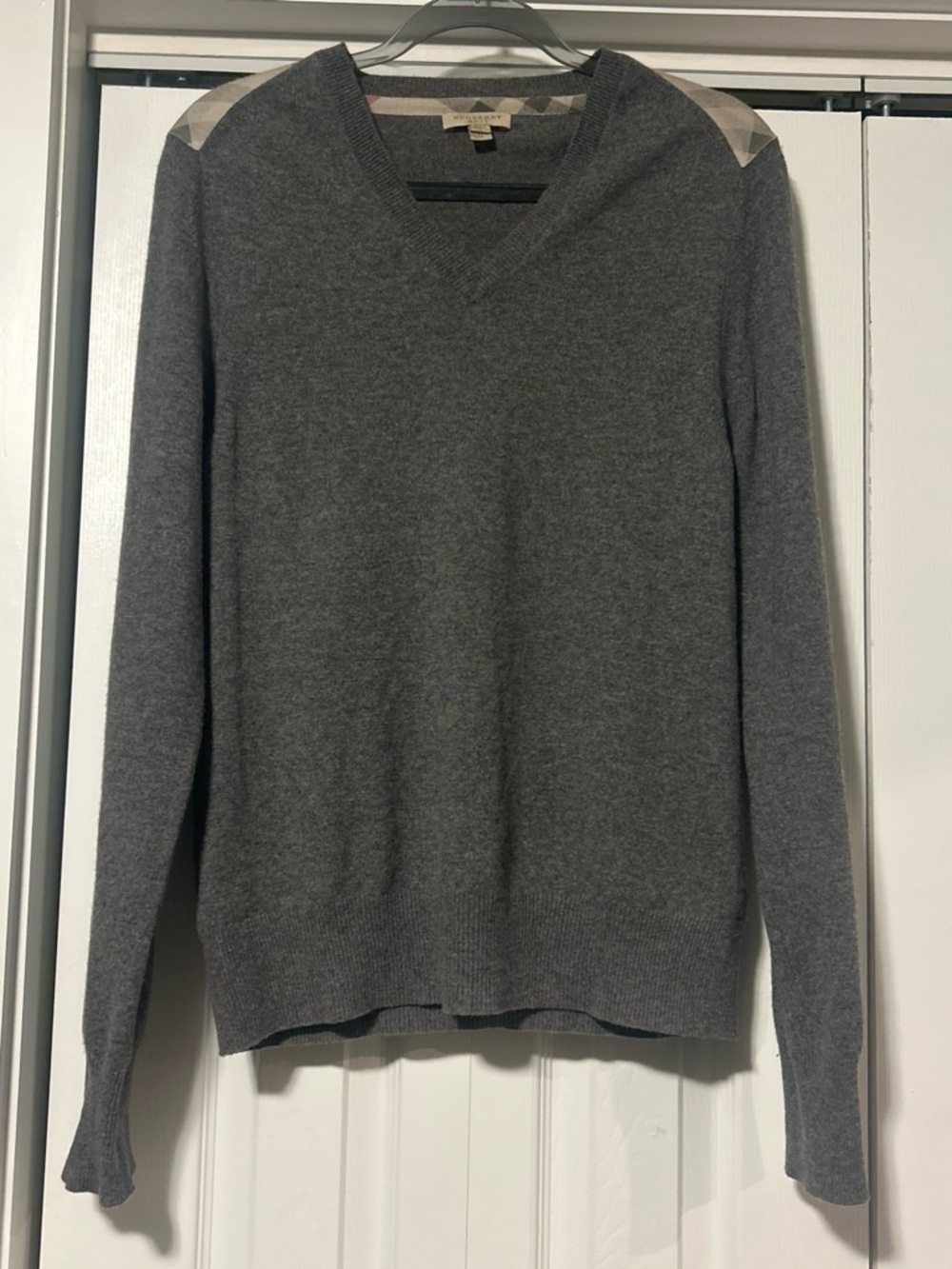 Burberry Men's V-Neck Sweater in Gray with Signature Check Accents